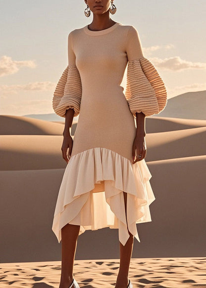 Asymmetrical Wrinkled Patchwork Knit Dress Spring