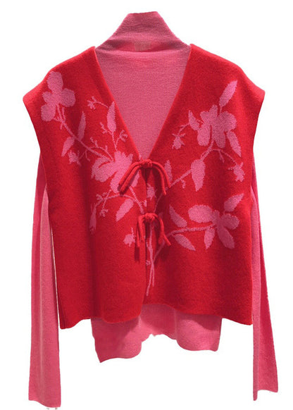 Loose Red Button Patchwork Tops and Waistcoat Knit Two Pieces Set Fall