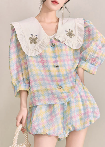 Rainbow Peter Pan Collar Striped Cotton Shirts and Shorts Two Pieces Set Fall