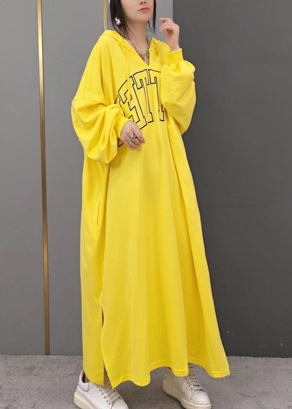Diy Hooded Side Open Spring Quilting Clothes Yellow Letter Long Dresses