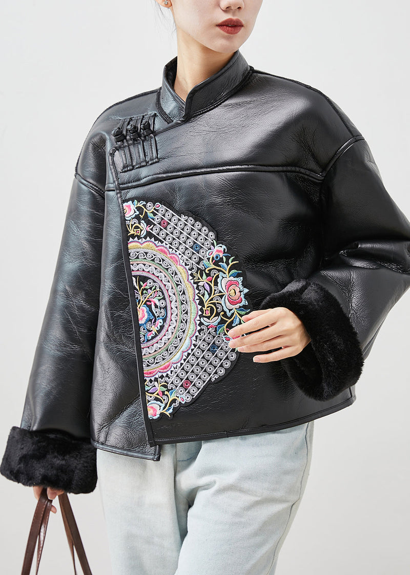 Art Black Embroideried Warm Fleece Faux Leather Coat Winter