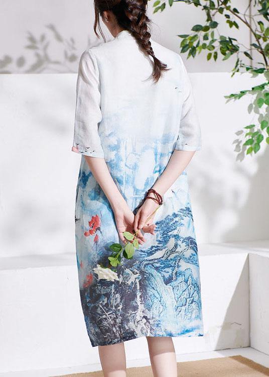 White Patchwork Button Print Summer Ramie Mid Dress Half Sleeve