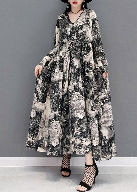 Grey V Neck Print Tie Waist Chiffon Long Dress Long Sleeve
