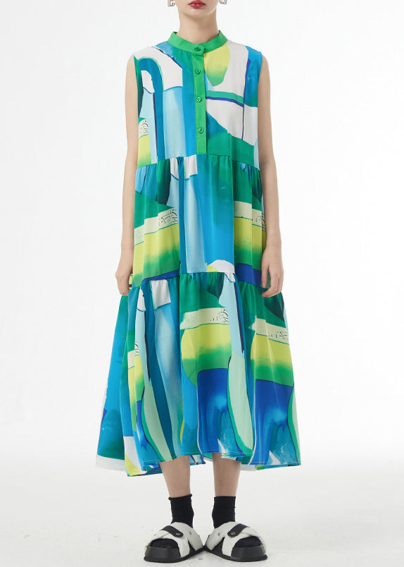 Green Stand Collar Print Patchwork Cotton Party Long Dresses Sleeveless