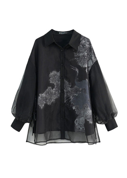 Stylish Black Layered Patchwork Red-crowned Crane Print Tulle Shirts Fall