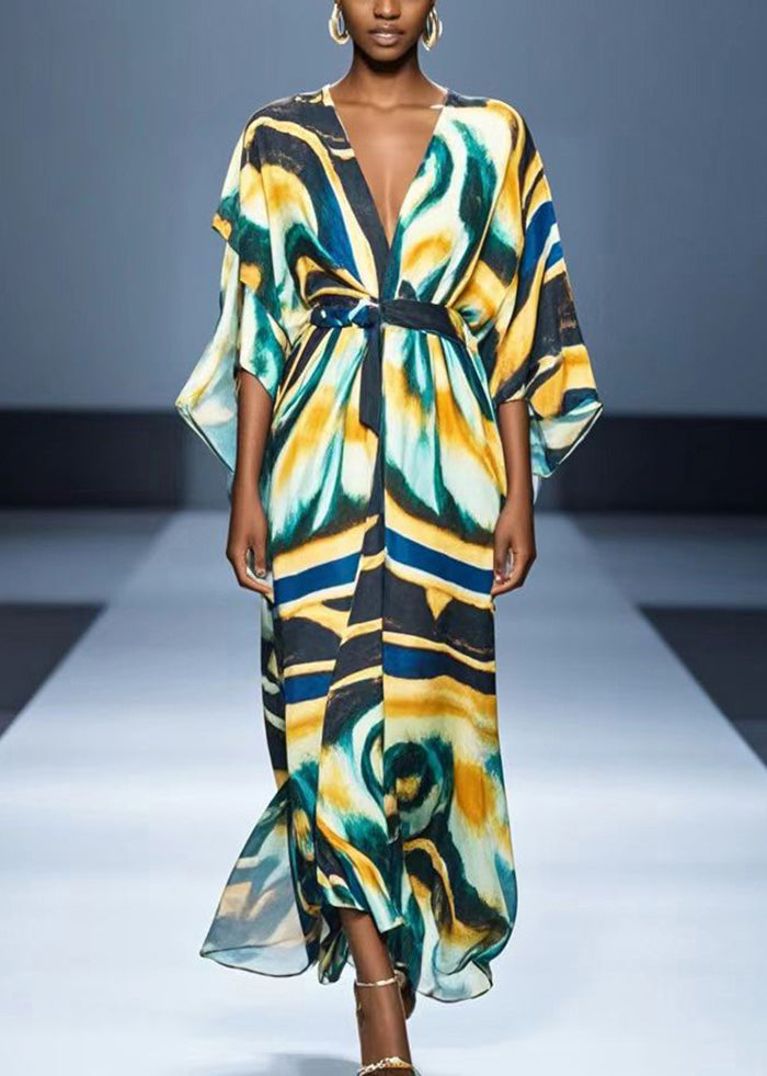 V Neck Graffiti Print Chiffon Dress Batwing Sleeve