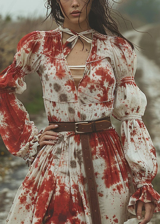 V Neck Tie Dye Pastoral Style Mid Dress Flare Sleeve