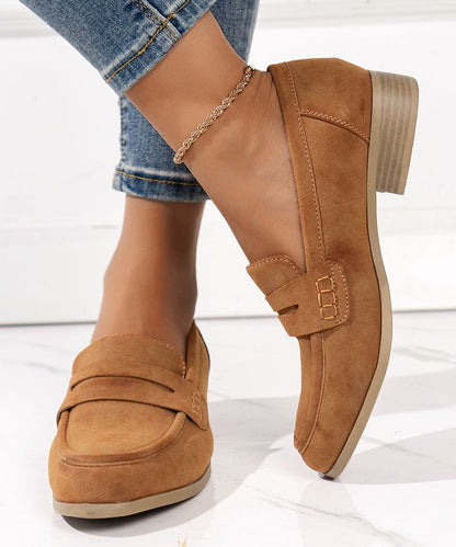 Simple Brown Round Head Suede Low Heel Flats Shoes