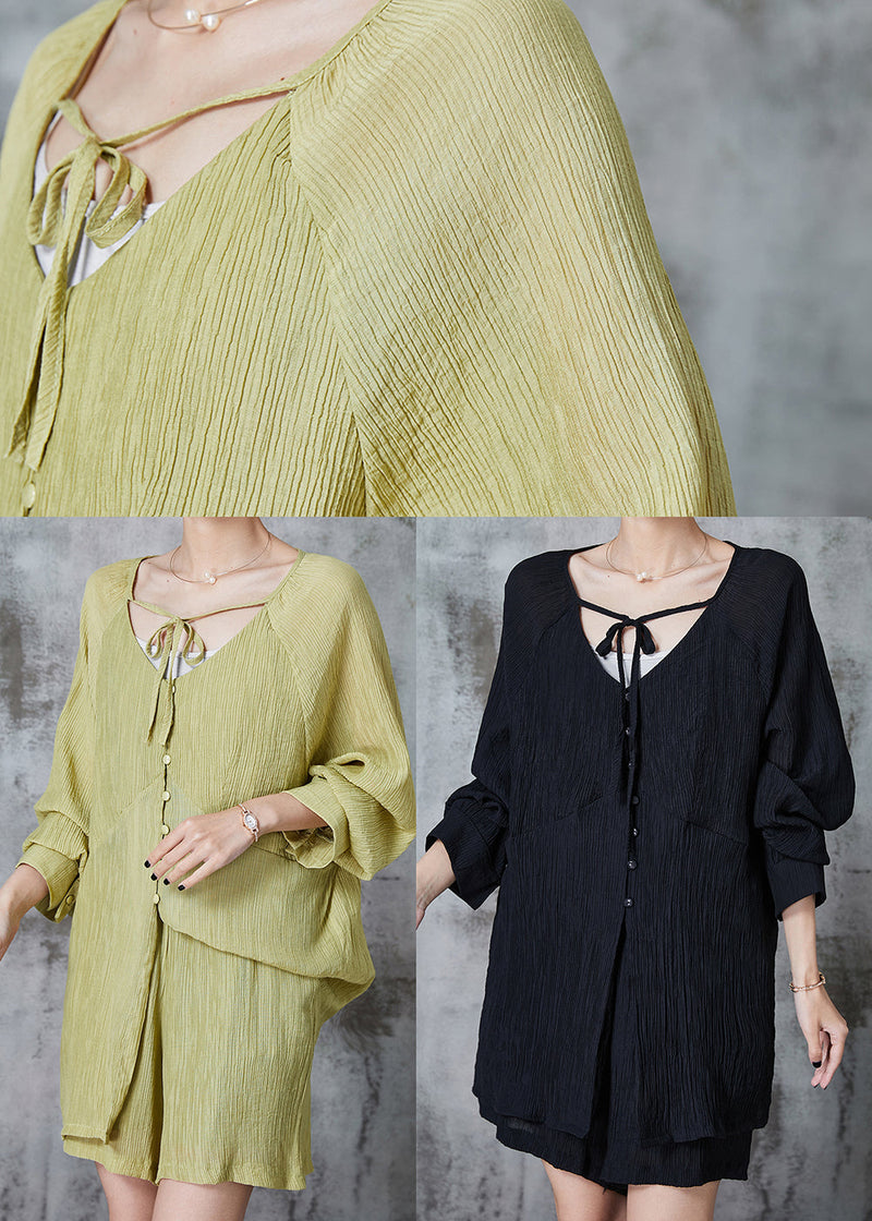 Grass Green Oversized Wrinkled Cotton Two Pieces Set Summer