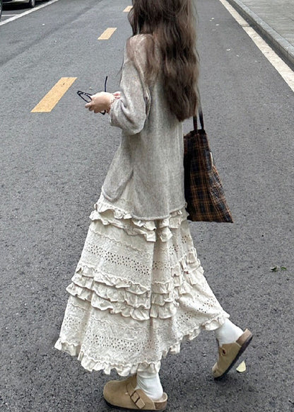 New Grey Knit Tops and Beige Ruffled Skirts Two Piece Set Spring