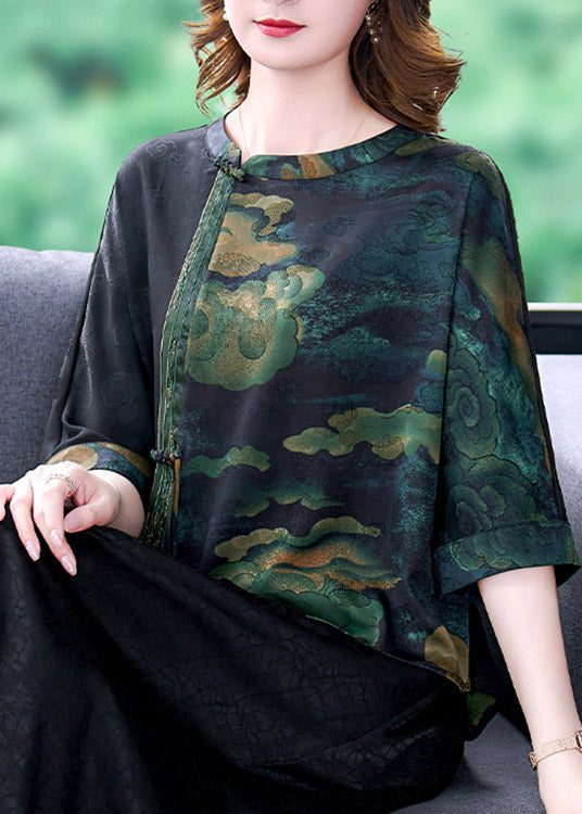 Green O-neck Print Patchwork Top Bracelet Sleeve