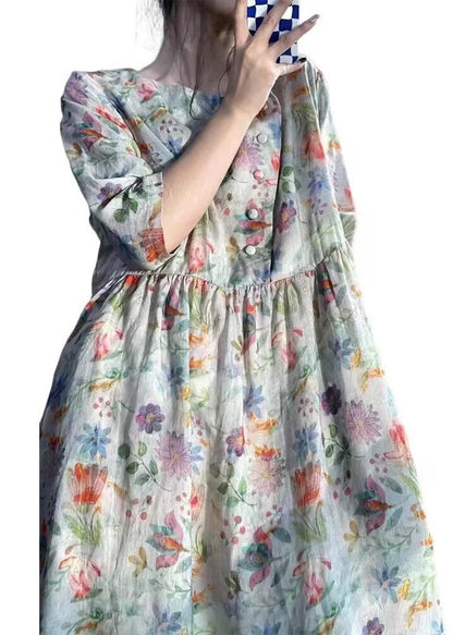 O Neck Print Patchwork Cotton Dress Bracelet Sleeve