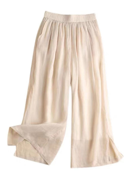 Lavender Elastic Waist Side Open Linen Straight Pants Summer
