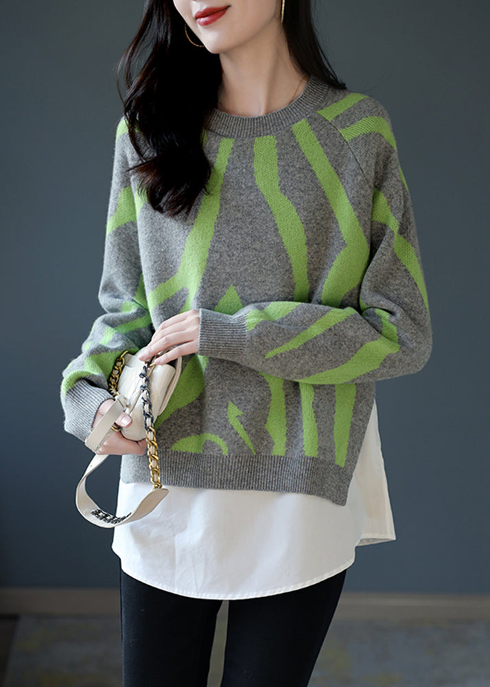 Grey O-neck Thick Striped Patchwork Fake Two Pieces Knit Sweaters Fall
