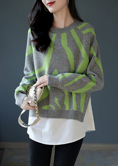 Grey O-neck Thick Striped Patchwork Fake Two Pieces Knit Sweaters Fall