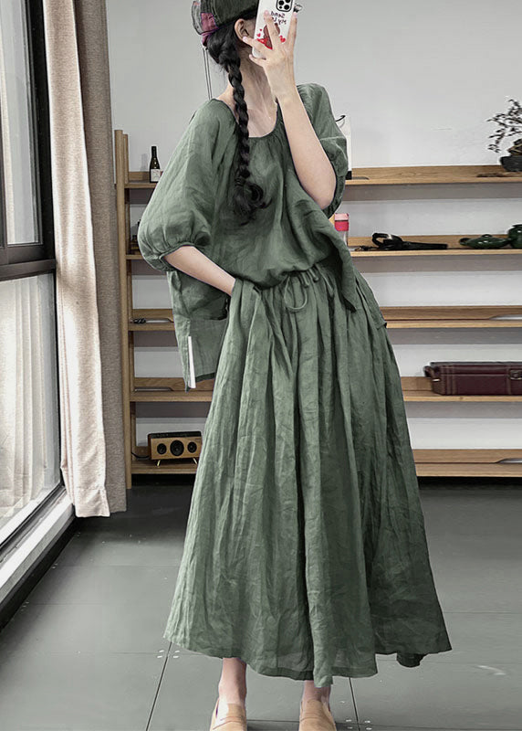 Green Wrinkled Pockets Cotton Two Pieces Set Half Sleeve