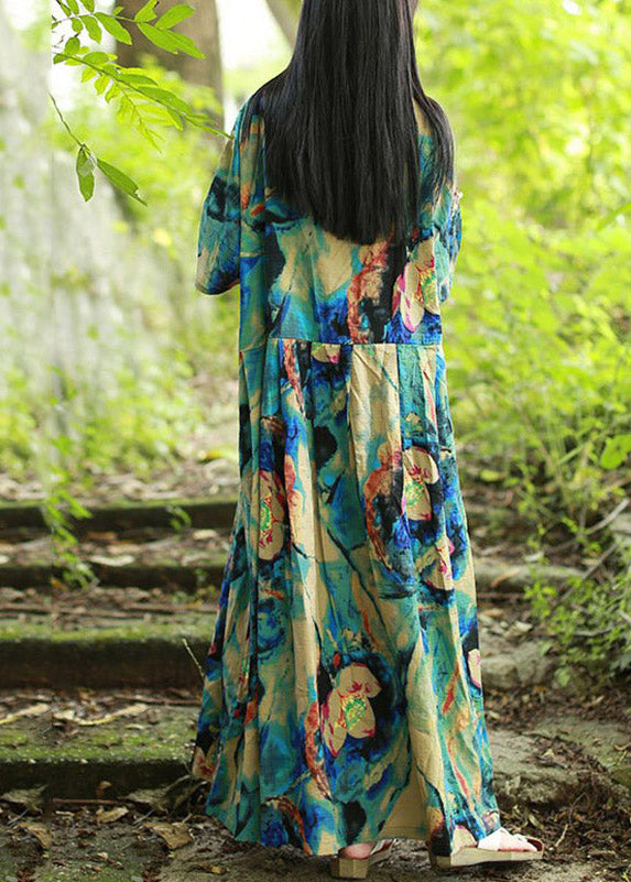 Blue Stand Collar Print Long Dress Short Sleeve