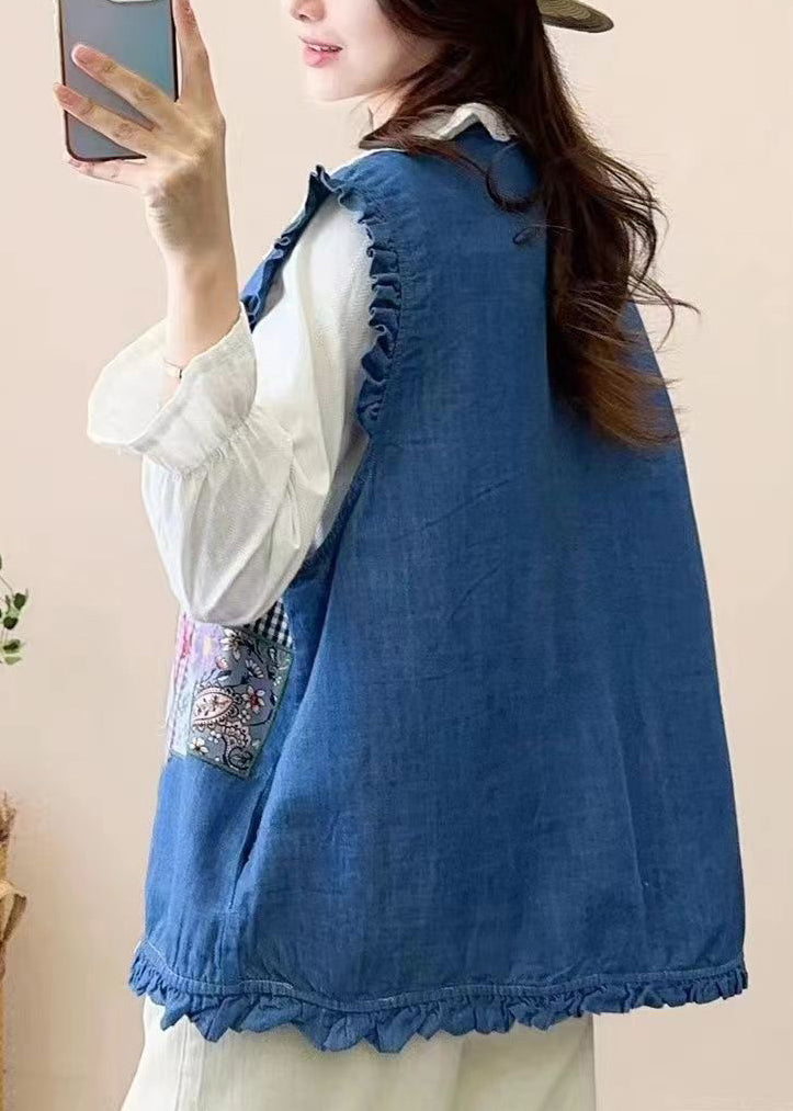 Navy Embroidered Patchwork Button Waistcoat Sleeveless