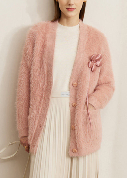 Pink Pockets Mink Velvet Cardigan V Neck Winter