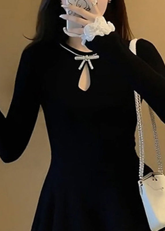 French Black O-neck Patchwork Vacation Mid Dress Fall