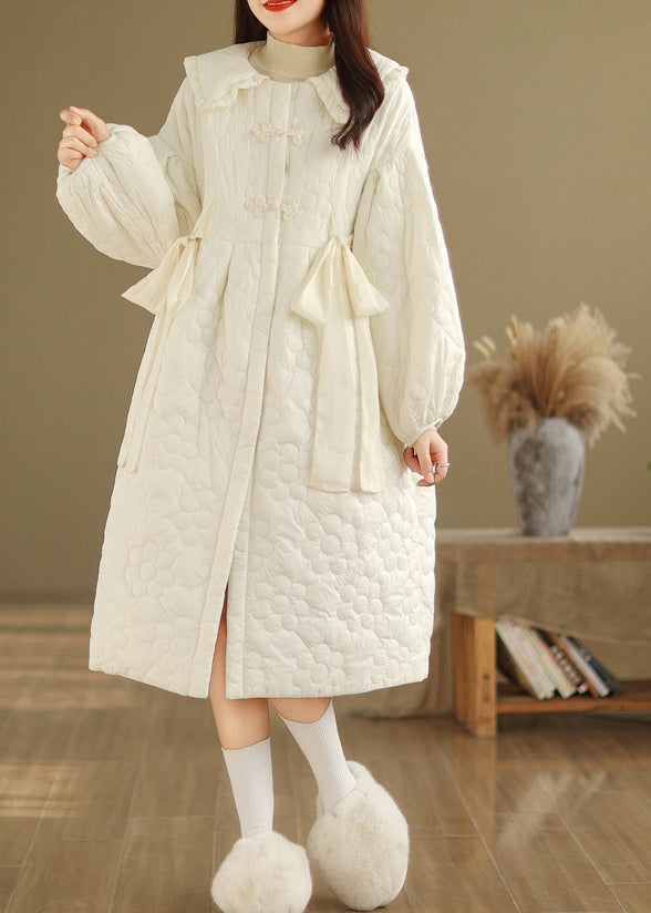 Beige Peter Pan Collar Fine Cotton Filled Coat Lantern Sleeve