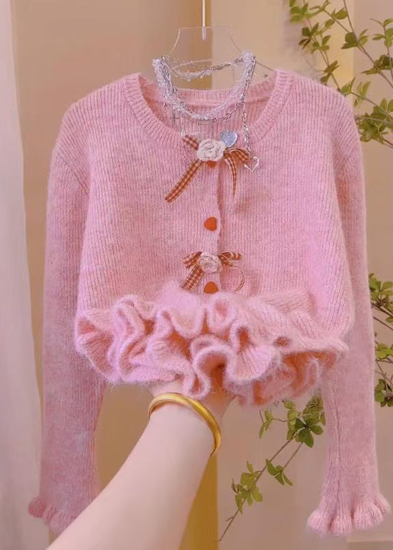 French Beige Ruffled Knit Sweaters Spring