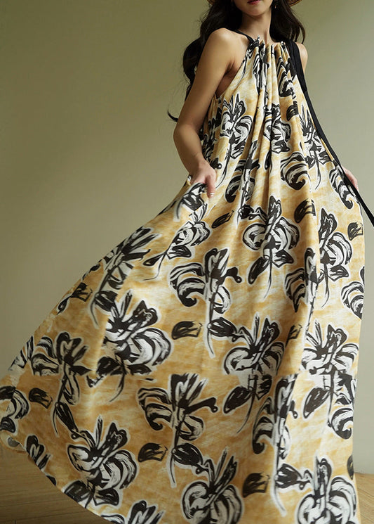 Yellow Cold Shoulder Print Wrinkled Long Spaghetti Strap Dresses Sleeveless