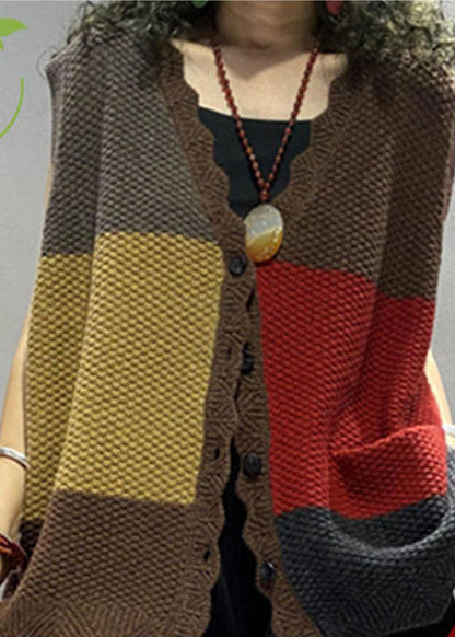 Colorblock Loose V Neck Button Fall Blouse Tops Sleeveless Knit Vest