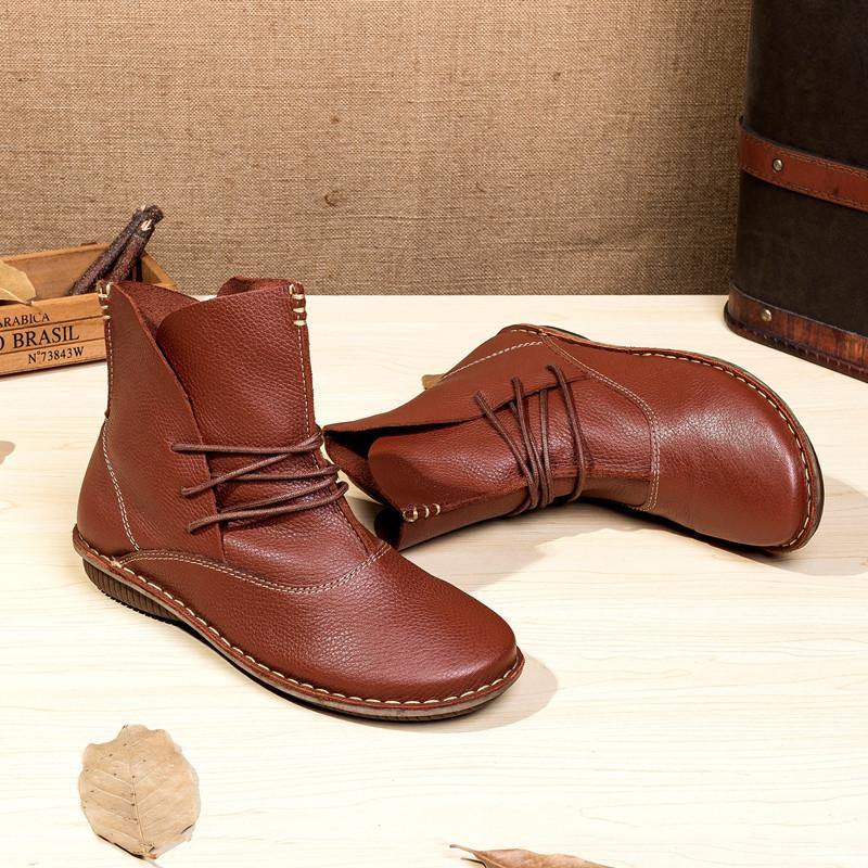 Cross Strap Khaki Cowhide Leather Ankle Boots