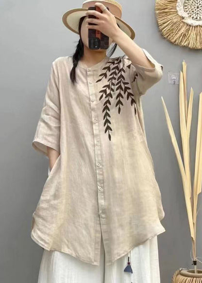 Retro Pink Stand Collar Embroidered Linen Shirts Bracelet Sleeve