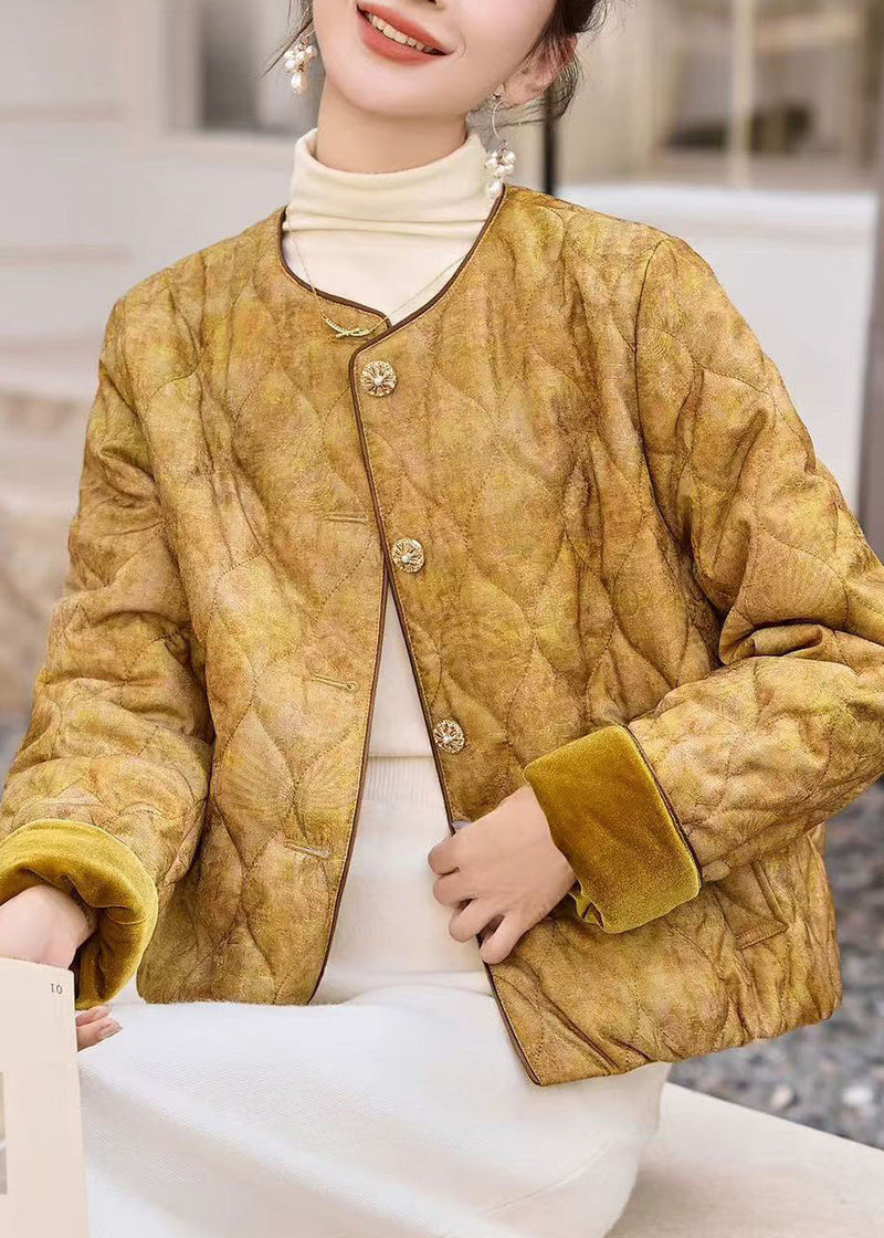 Yellow O Neck Pockets Jacquard Fine Cotton Filled Jacket Winter