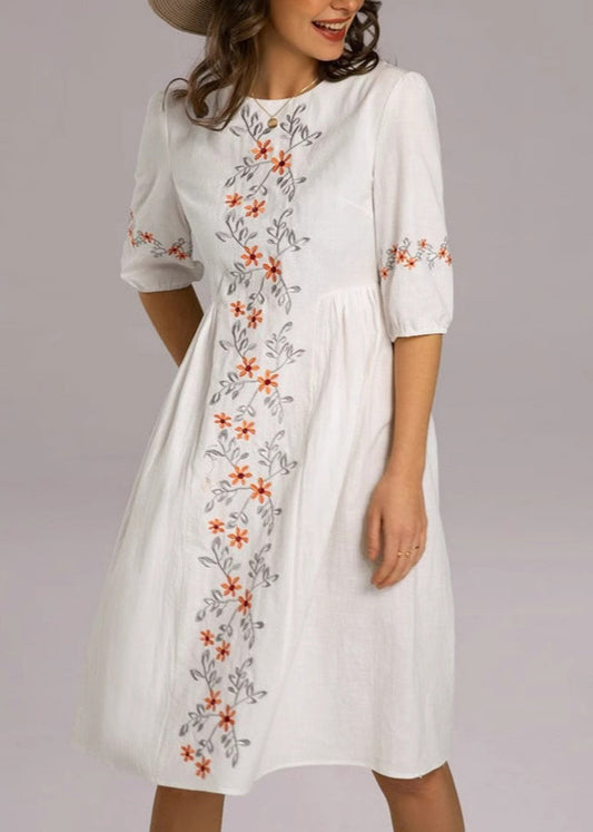 Loose White Embroidered Zippered Cotton Dresses Half Sleeve Summer