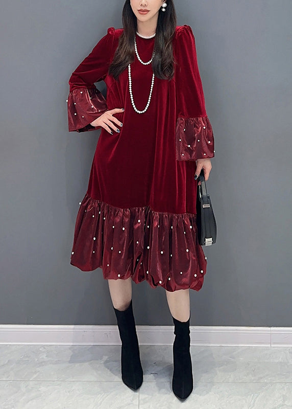 French Red Wrinkled Zircon Patchwork Silk Velour Dress Spring