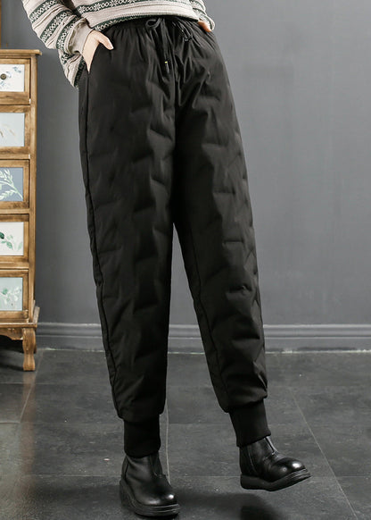 Black Pockets Elastic Waist Duck Down Beam Pants Winter