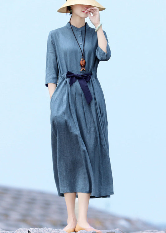Blue Stand Collar Tie Waist Button Holiday Dresses Half Sleeve