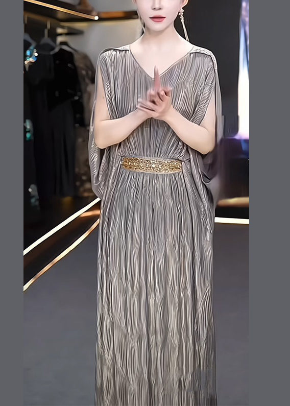 Grey V Neck High Waist Silk Long Dresses Summer