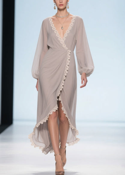 Apricot Lace Low High Design Chiffon Maxi Dresses