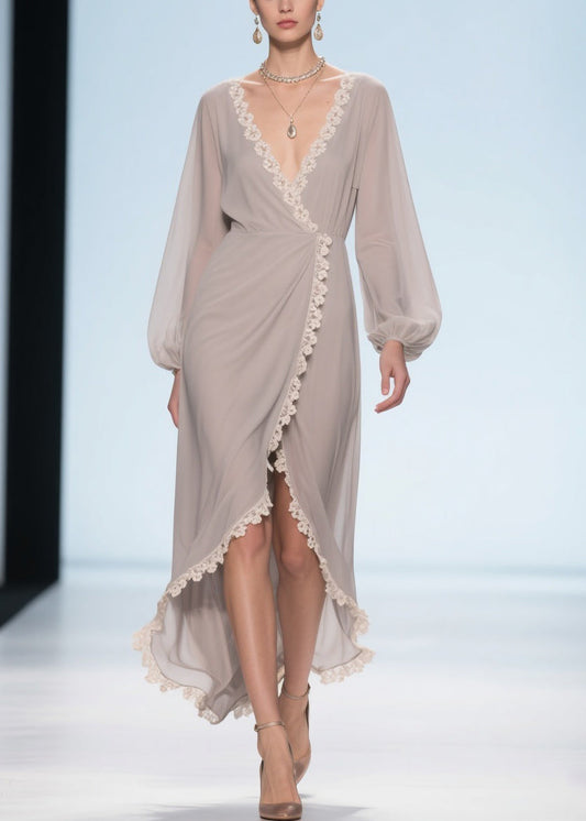 Apricot Lace Low High Design Chiffon Maxi Dresses