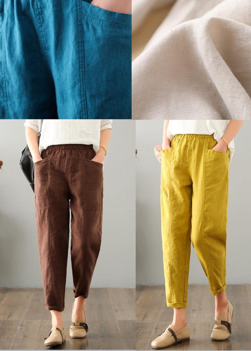 Natural Yellow Pockets Cotton Linen Pants Summer