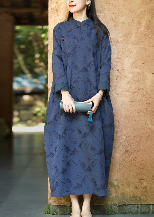 Blue Mandarin Collar Button Print Dresses Caftan Long Sleeve