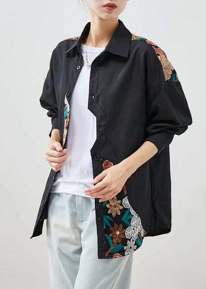 Black Embroideried Patchwork Cotton Shirt Top Fall