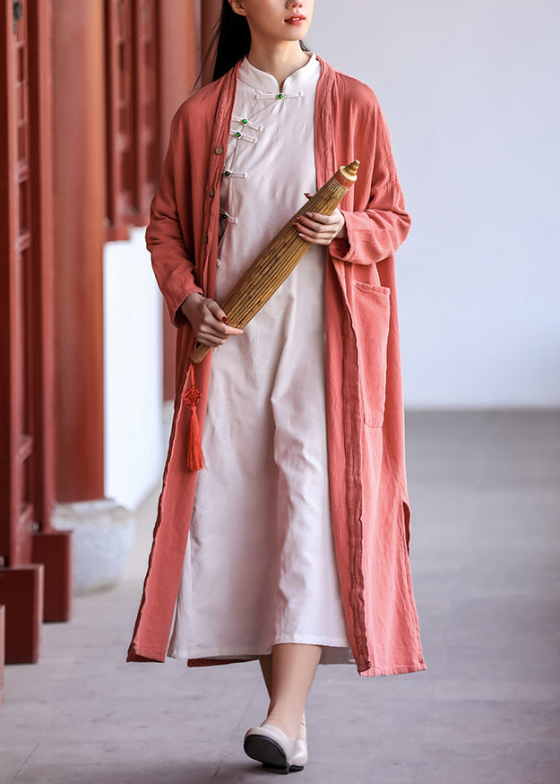 Brick Red Button Pockets Patchwork Cotton Long Coat Fall