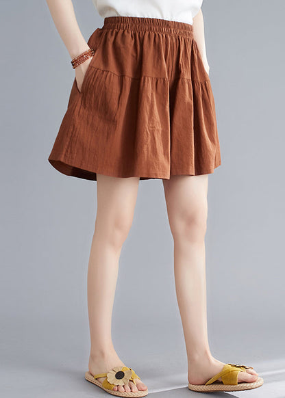 Yellow Pockets Elastic Waist Cotton Shorts Summer