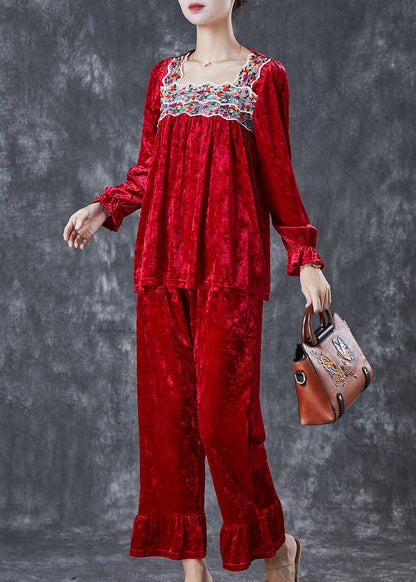 Red Embroideried Patchwork Silk Velour Two Piece Set Fall