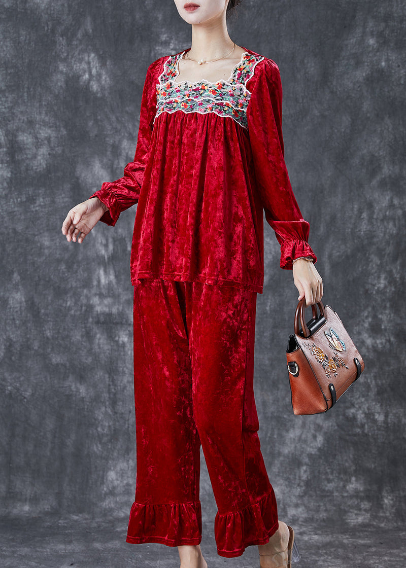 Red Embroideried Patchwork Silk Velour Two Piece Set Fall