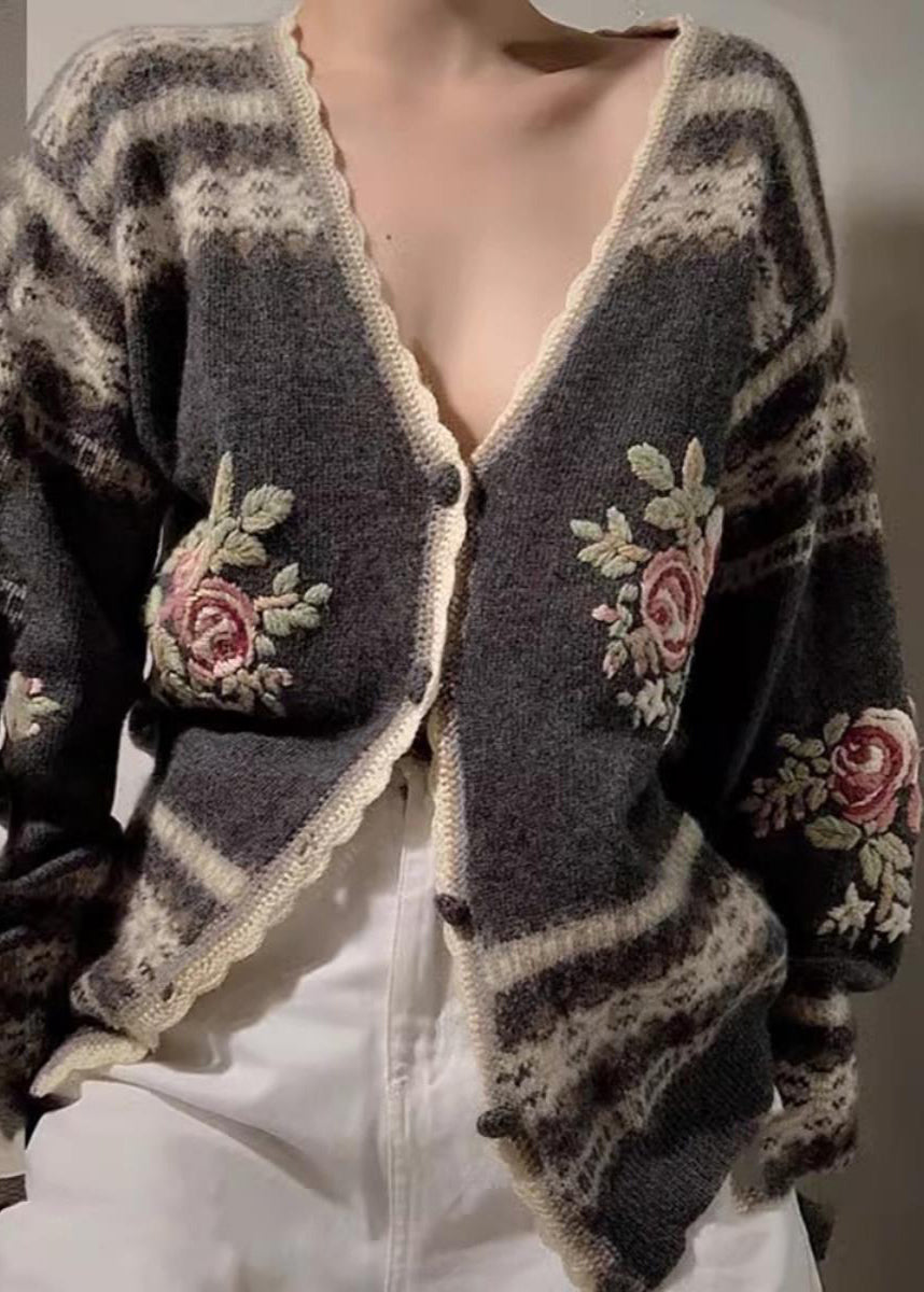 Fitted Grey Embroidered Knit Cardigans Spring