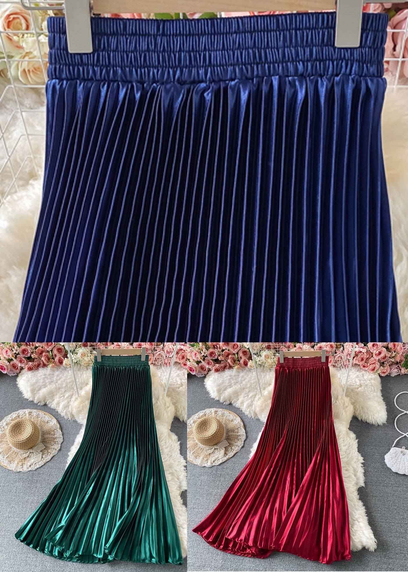 Green Satin Elastic Waist a Line Skirts Spring