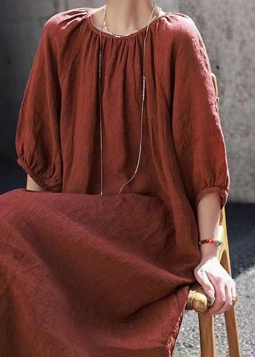 Handmade Loose Orange O-neck Linen Dress Summer