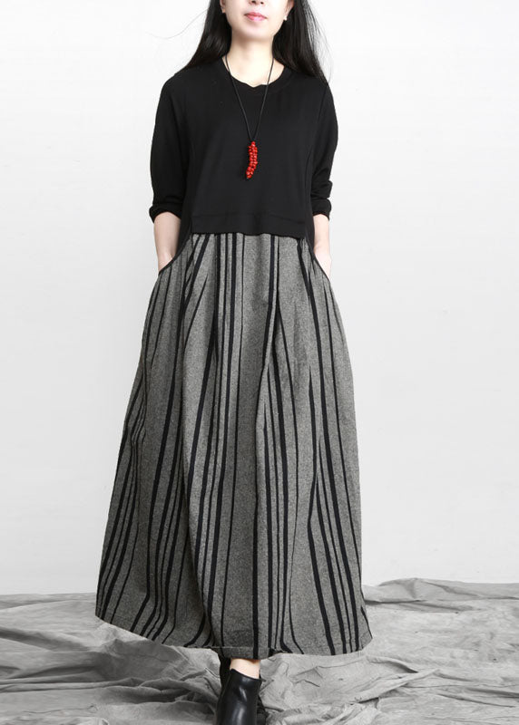 Black O-neck Pockets Striped Patchwork Linen Holiday Dress Long Sleeve