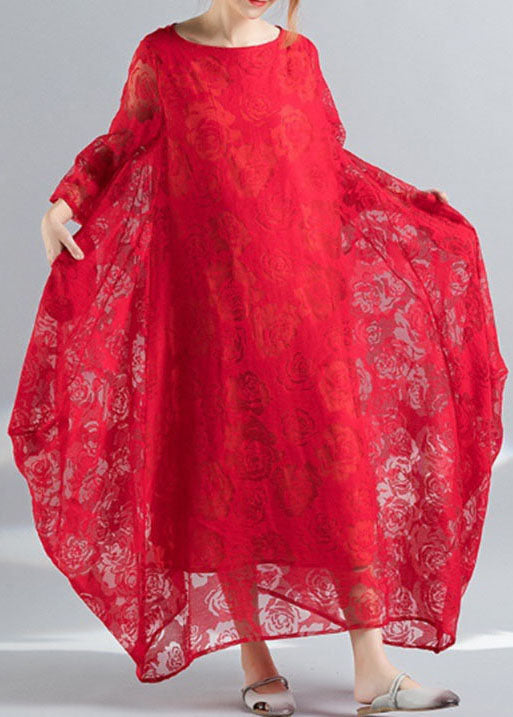 Red Lace Vacation Dress Hollow Out Asymmetrical Bracelet Sleeve